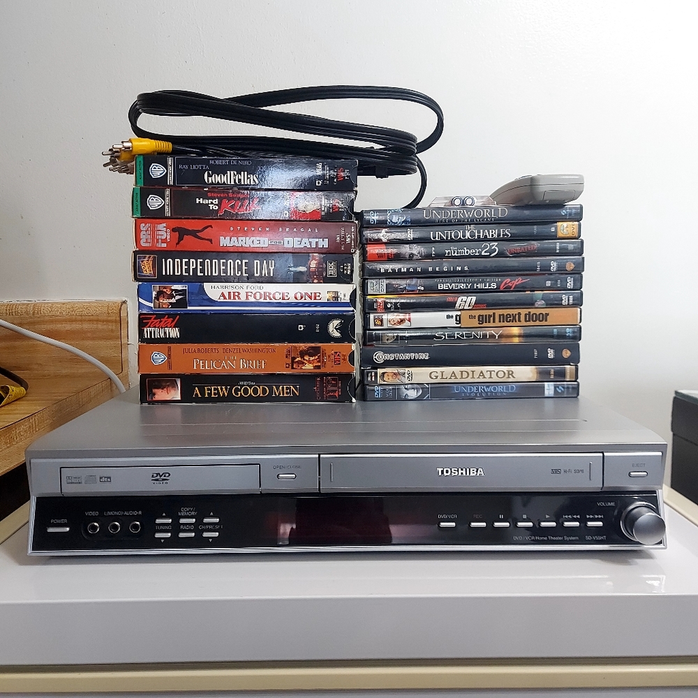 TOSHIBA DVD VCR COMBO WITH MOVIES, REMOTE, BATTERIES & CABLES